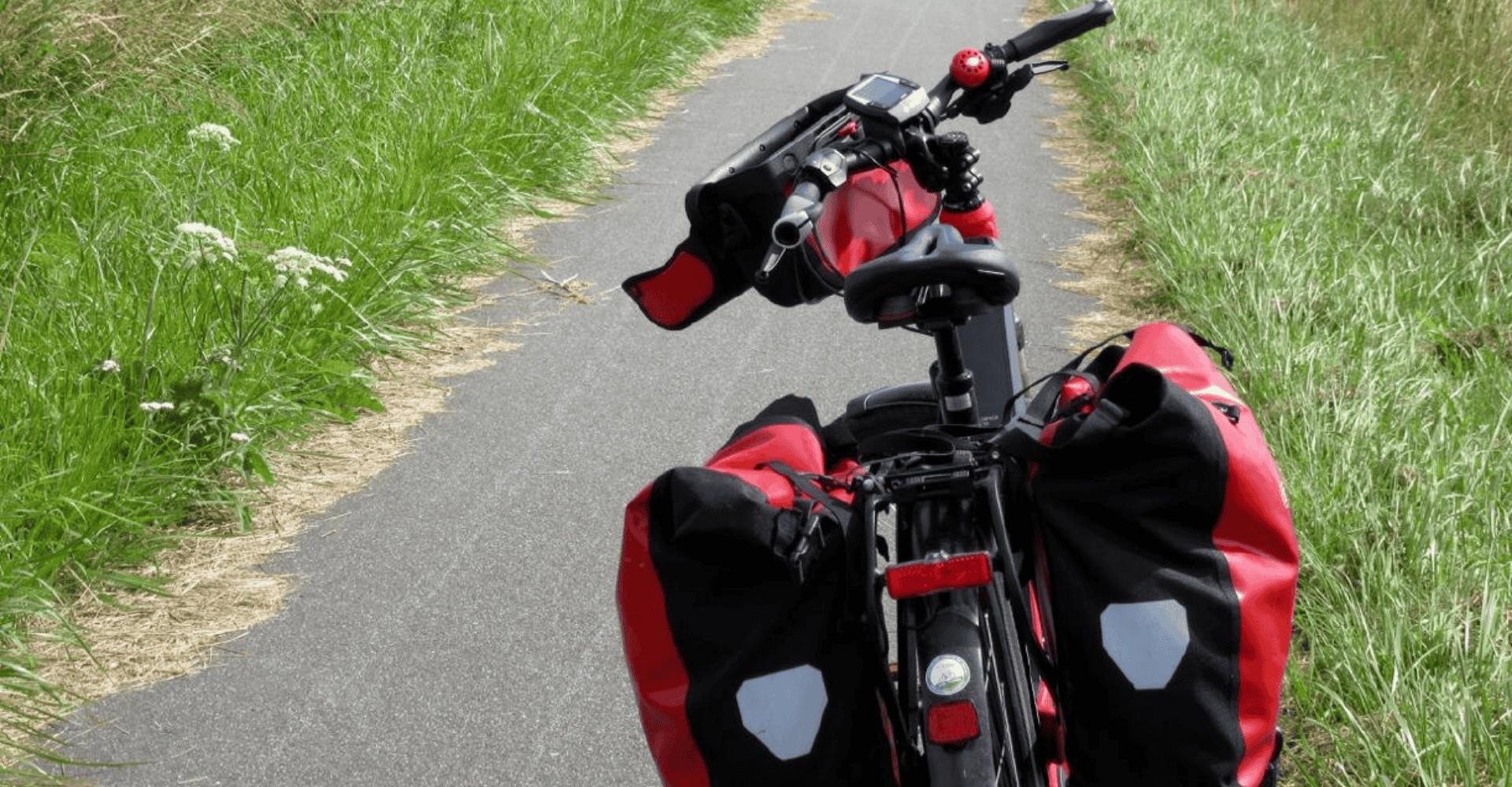 Ein e-Bike mit roten Taschen auf einem Weg