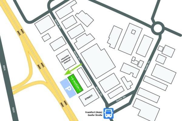 Das Bild zeigt eine Skizze der Anfahrt zur e-motion e-Bike Welt Frankfurt Nord.