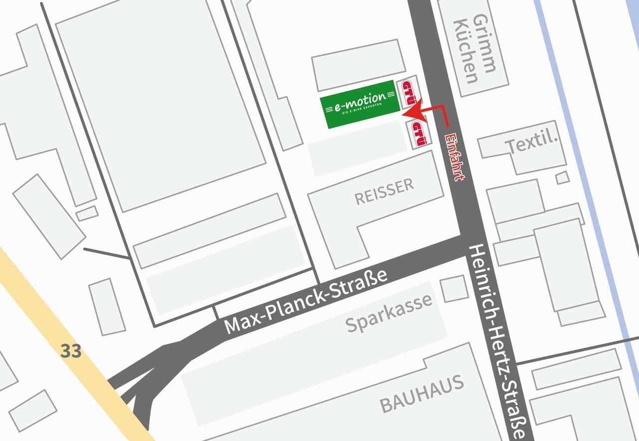 Das Bild zeigt eine Skizze, wie man den Eingang der e-motion e-Bike Welt in Offenburg erreichen kann.