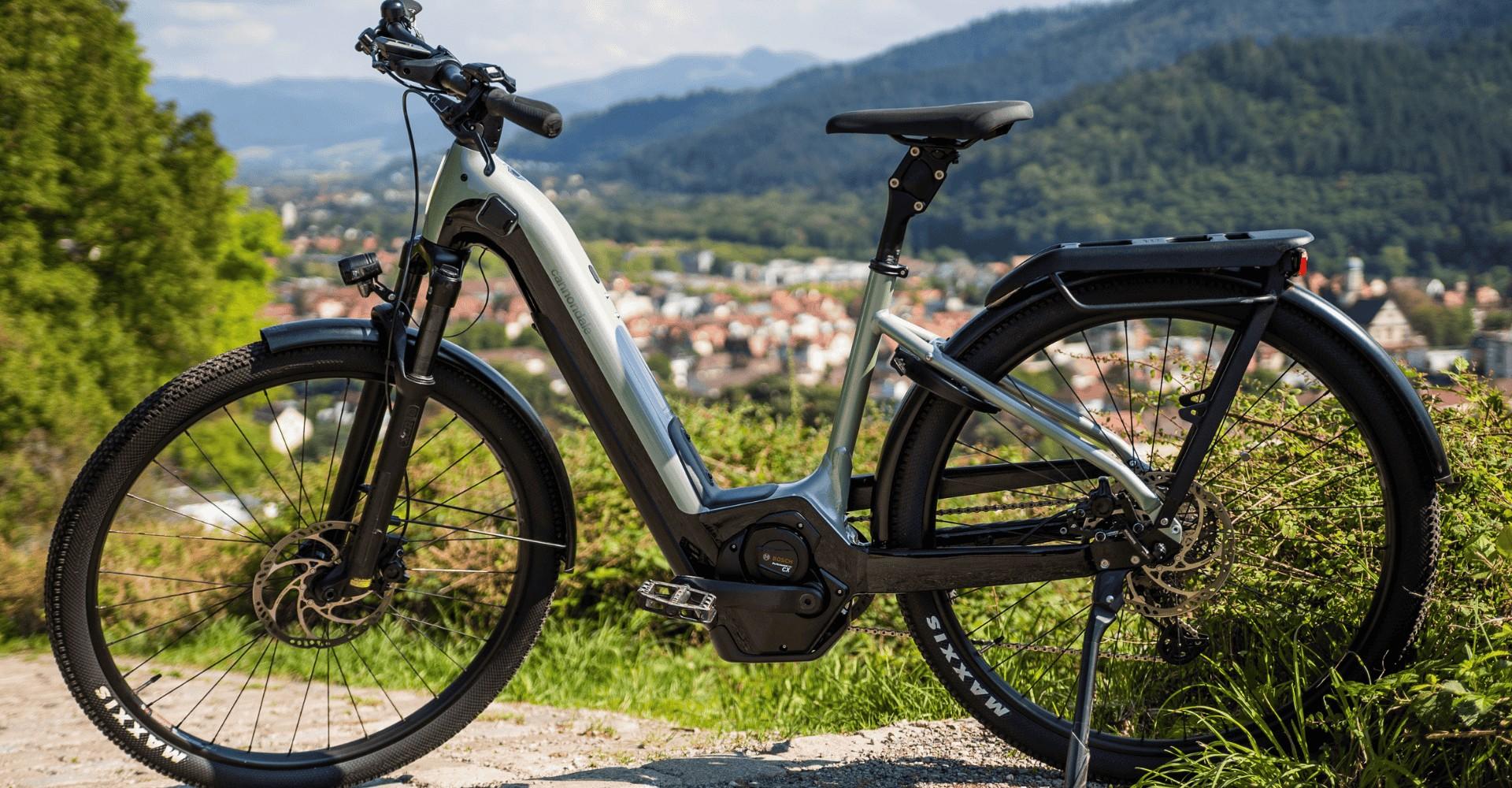 Das Bild zeigt ein Cannondale Tesoro Neo X 1 E-Bike, das in einer malerischen Landschaft positioniert ist. Der Rahm