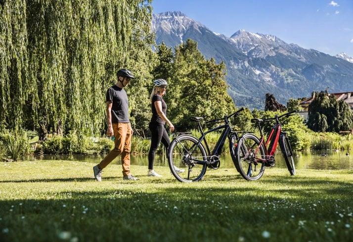 Zwei E-Bikes im Park mit Bergen im Hintergrund