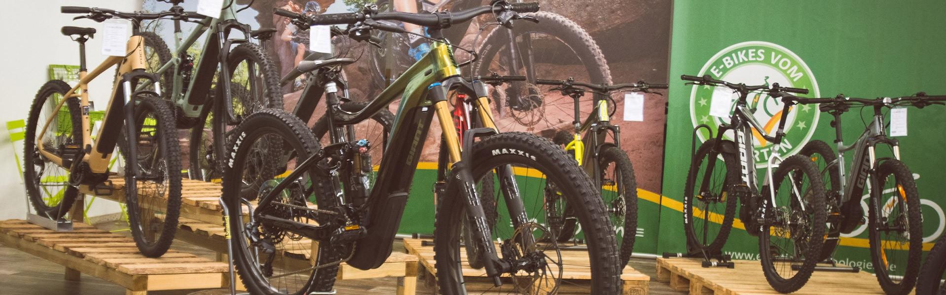 Innenansicht der e-motion e-Bike Welt Sankt Wendel, in dem eine Auswahl an E-Bikes präsentiert wird.