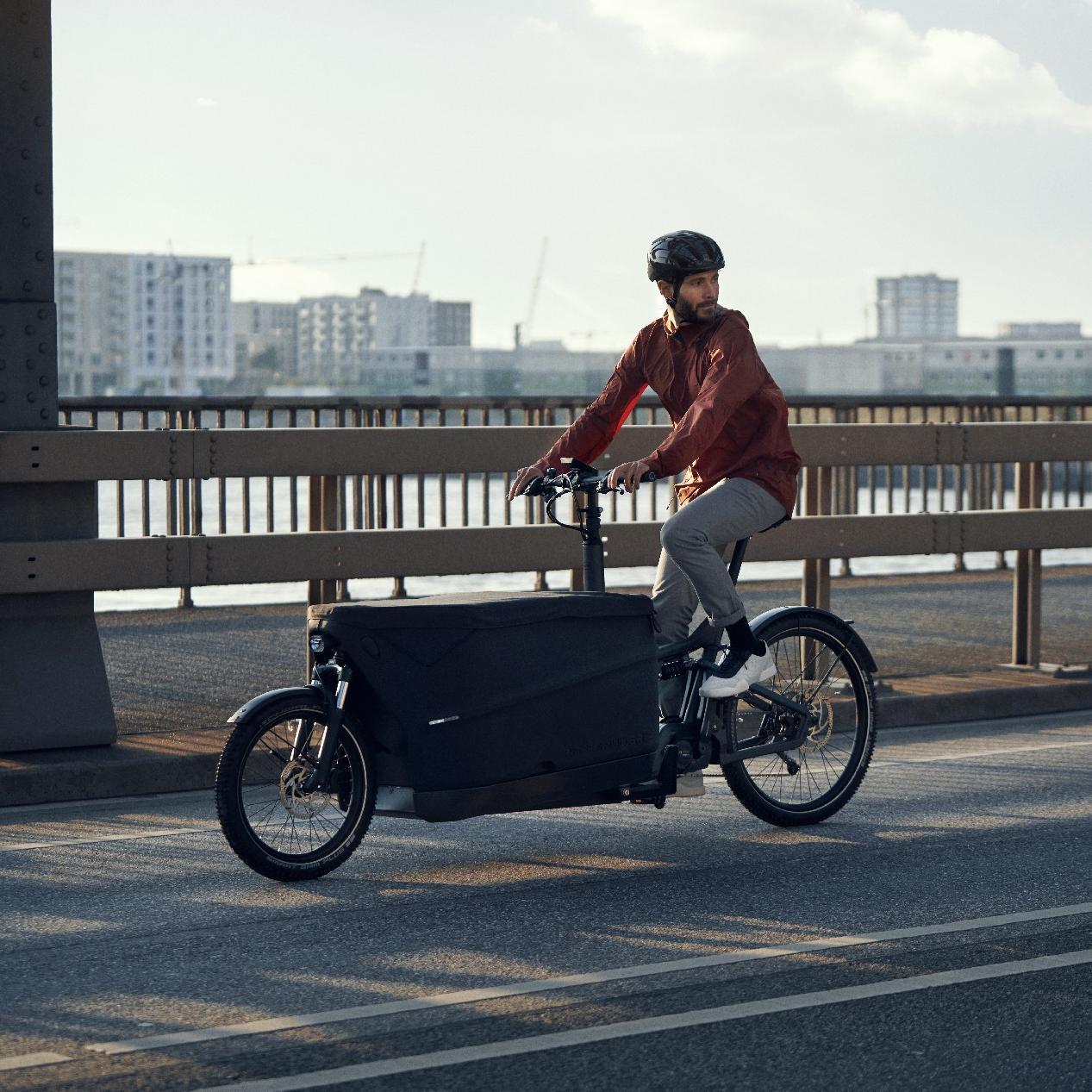 Ein Mann fährt mit einem Riese und Müller Lastenrad über die Brücke