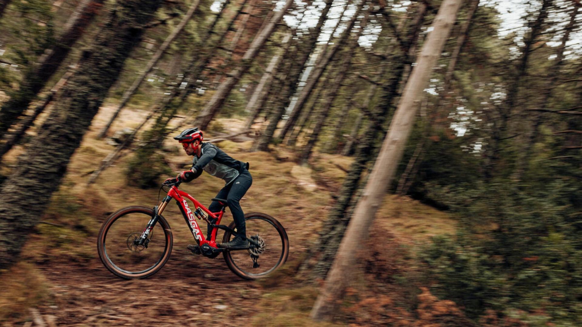 Entdecken Sie das Abenteuer mit dem GASGAS Mountainbike im Wald für aufregende und dynamische Fahrten.