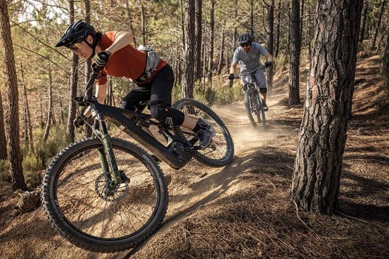 Zwei Personen fahren mit e-MTBs durch den Wald