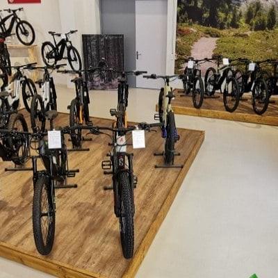 E-Bike-Ausstellung in einem Fahrradgeschäft mit verschiedenen Modellen