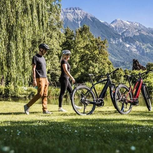Zwei E-Bikes im Park mit Bergen im Hintergrund