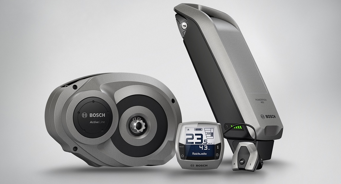 Entdecken Sie das Bosch Active Line Antriebssystem mit Motor, Akku, und Display für ein reibungsloses E-Bike-Erlebn