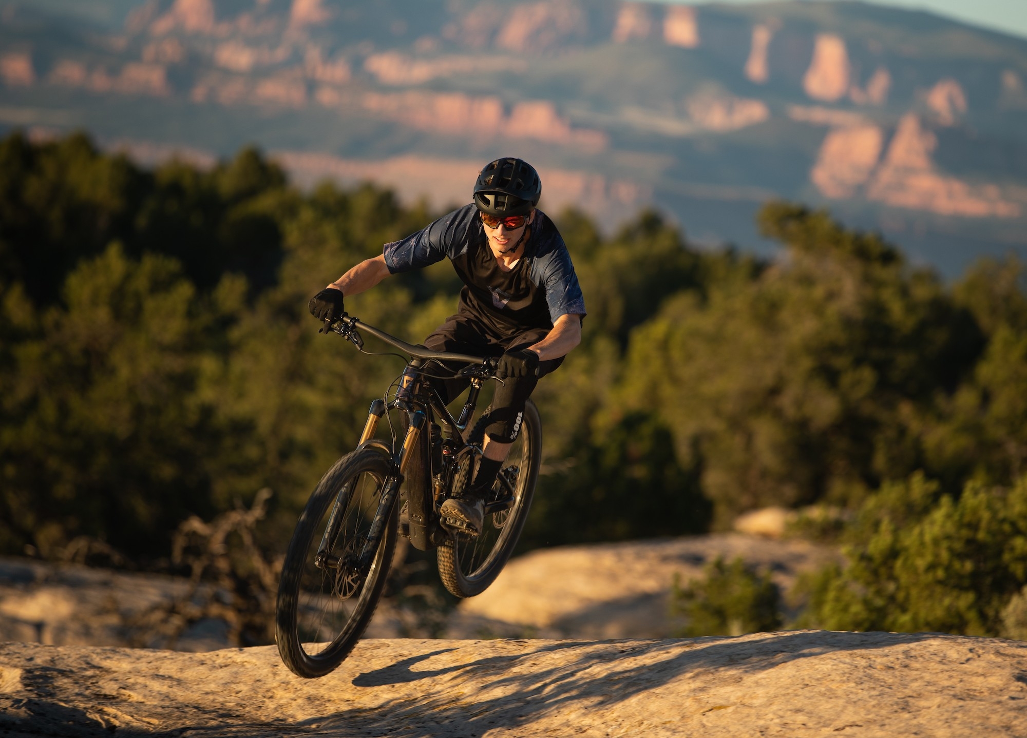 Eine Person fährt durch Gelände auf dem Giant Trance X Advanced E+ Elite e-MTB