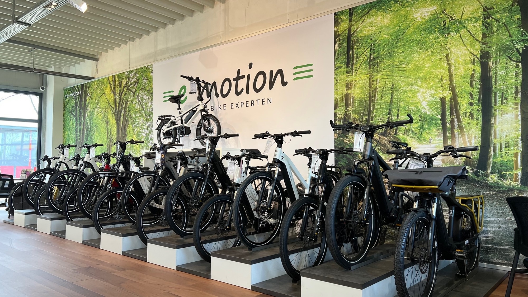 Das Bild zeigt die Innenansicht des Hamm Shops, in dem eine Vielzahl von E-Bikes präsentiert wird.