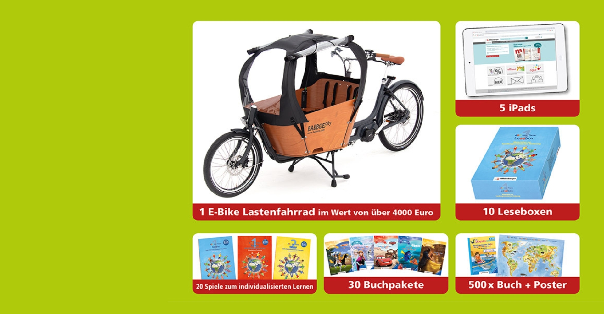 Übersicht über die Preise aus dem Gewinnspiel des Mildenberger Verlags. Der Hauptpreis ist ein e-Lastenfahrrad