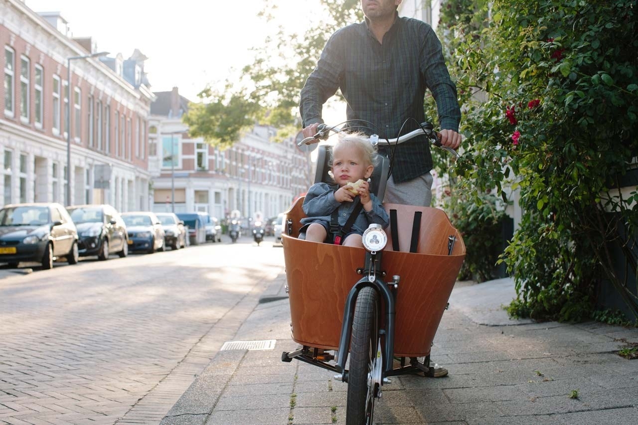 Das Bild zeigt ein Kind in einem Babboe Lastenrad