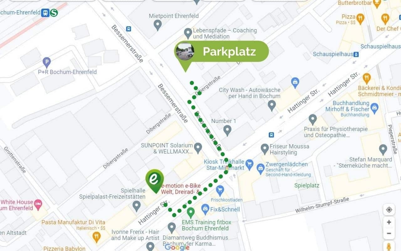 Die Karte zeigt die Anfahrt zu einem Parkplatz in der e-motion e-Bike Welt Bochum.