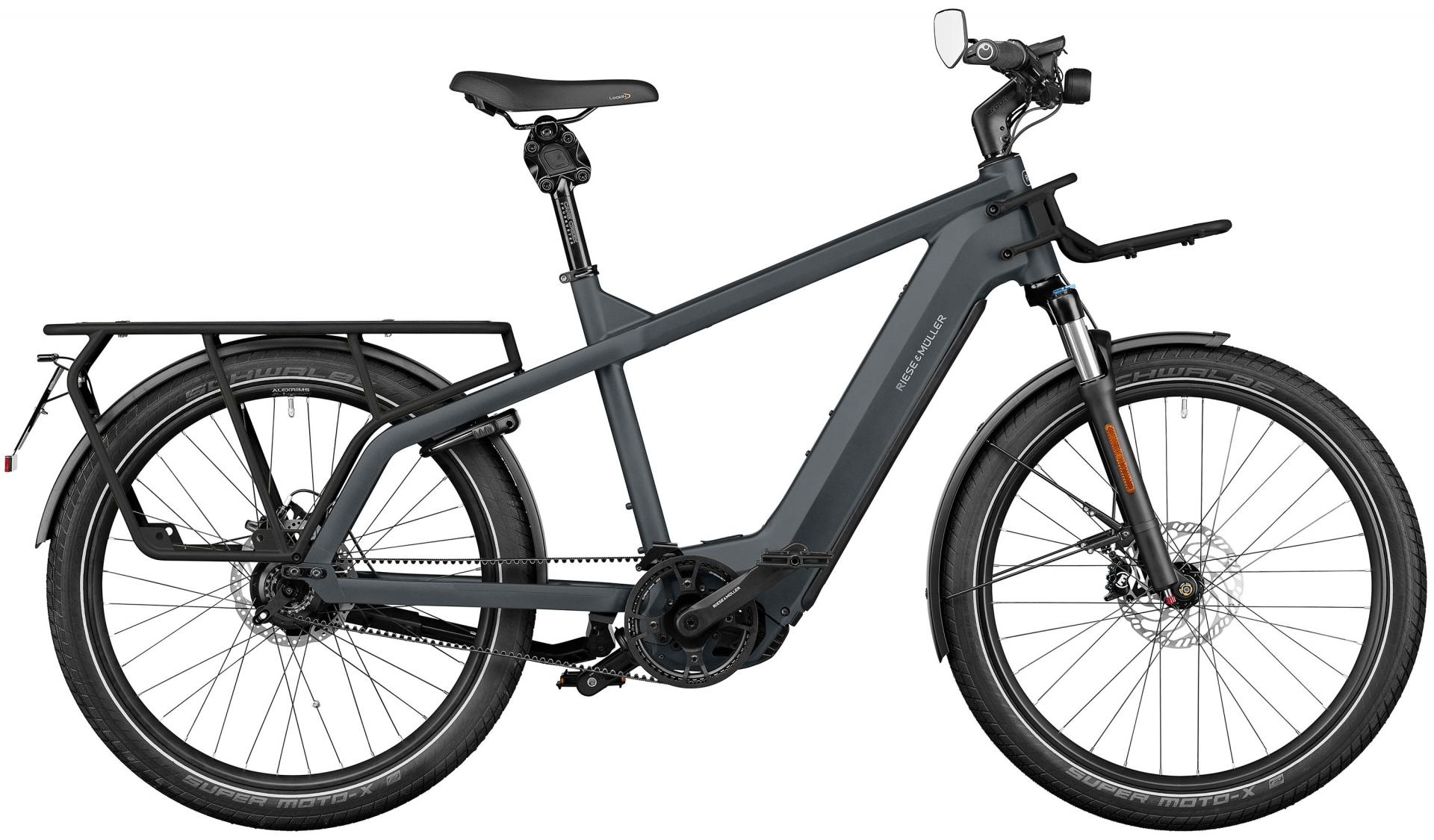 Stilvolles E-Bike von Riese & Müller mit integriertem Gepäckträger. Perfekt für den urbanen Alltag und längere Tour