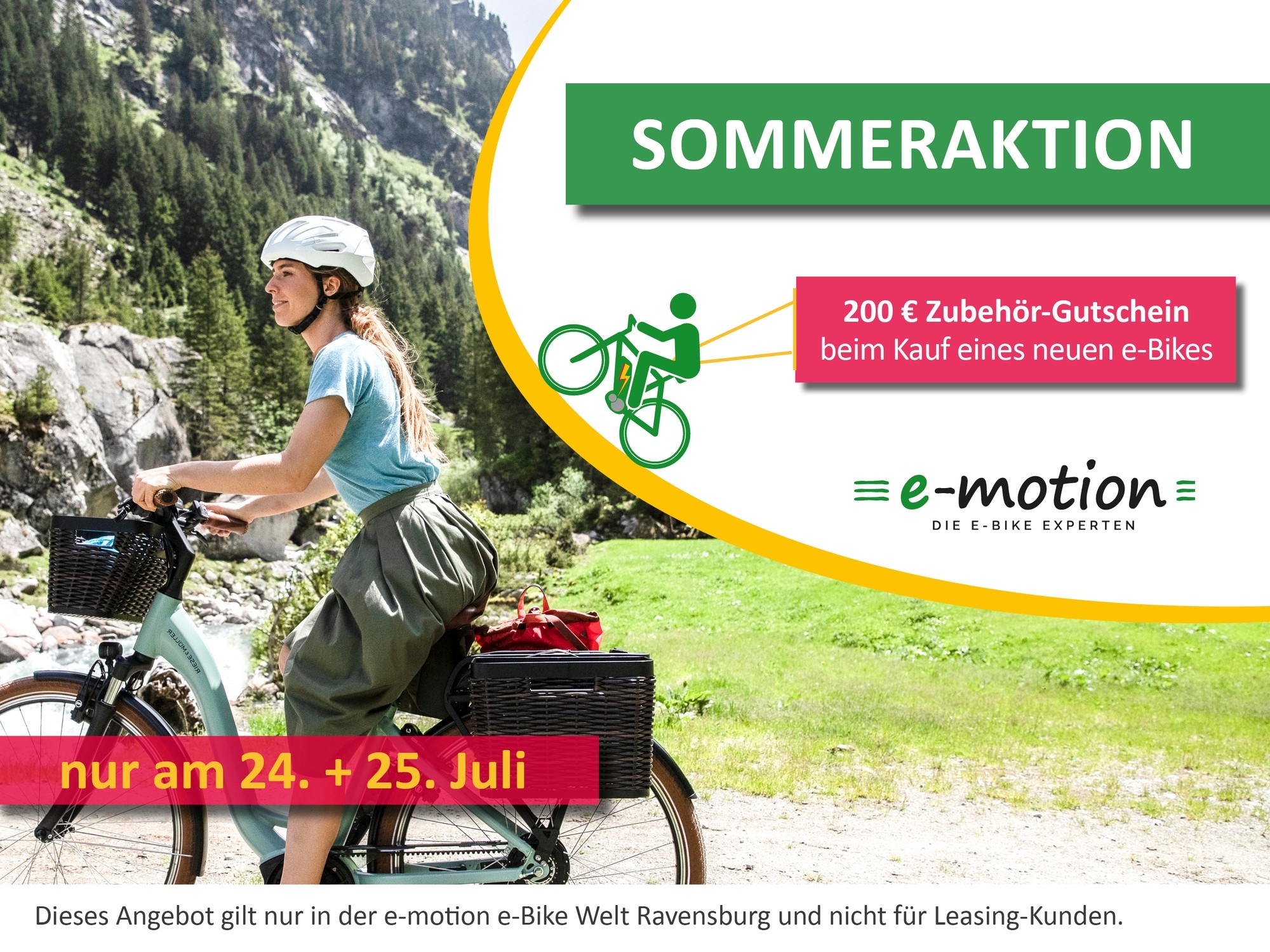 Das Bild bewirbt eine Sommeraktion der e-motion e-Bike Experten in Ravensburg, die am 24. und 25. Juli stattfindet.