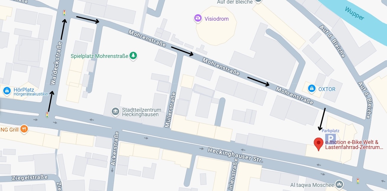 Die Abbildung zeigt eine detaillierte Wegbeschreibung für e-motion e-Bike Welt in Wuppertal.