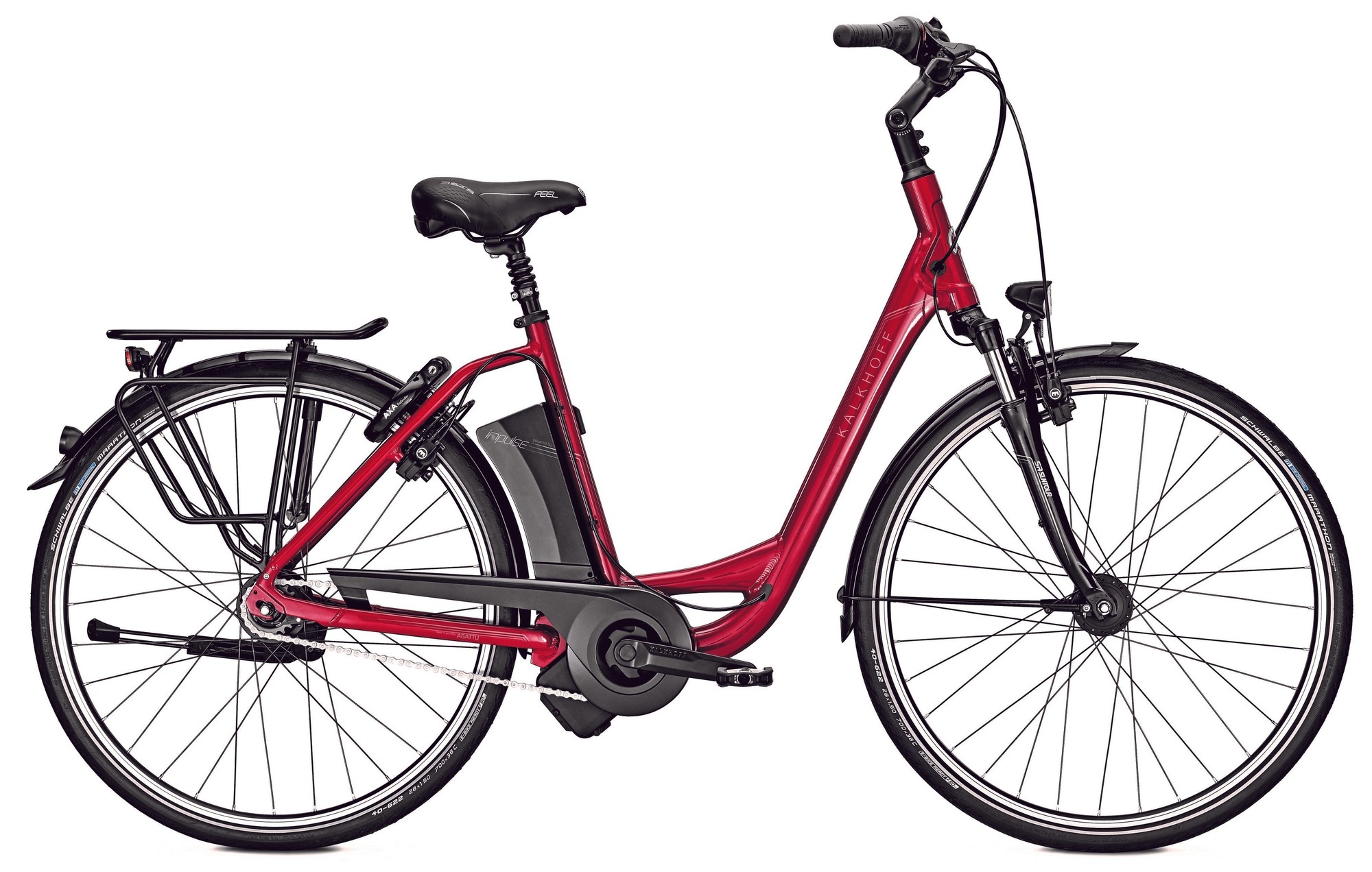 Das Bild zeigt ein Kalkhoff Agattu I8 HS E-Bike in einer auffälligen roten Farbgestaltung.