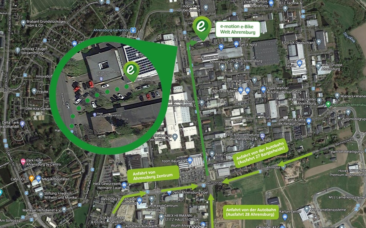 Das Bild zeigt eine Karte mit der Anfahrt zur e-motion e-Bike Welt in Ahrensburg.