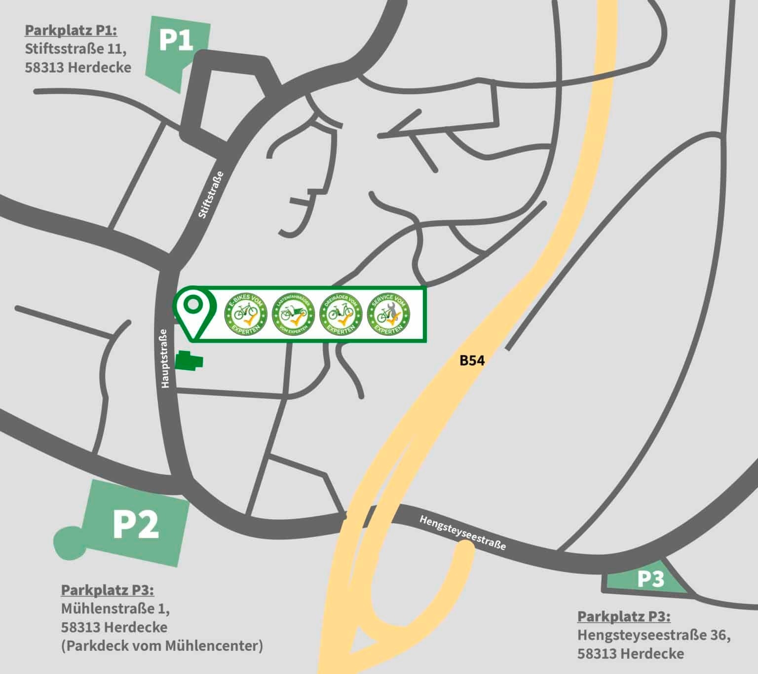 Das Bild zeigt eine Skizze der Parkmöglichkeiten in der e-motion e-Bike Welt in Herdecke.