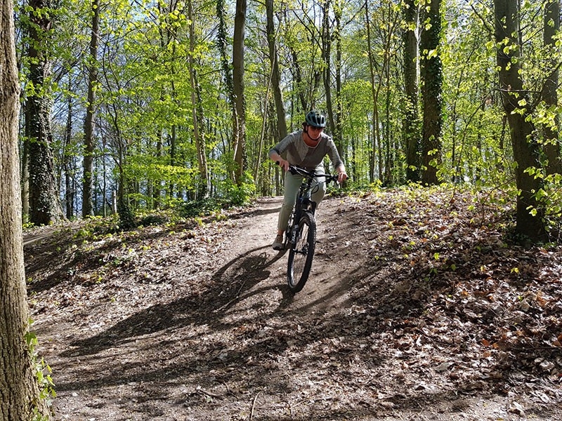 Auf dem Bild ist ein mann zu sehen, welcher it seinem e-Bike im Wals fährt. Er fährt gerade einen Hügel hinunter.