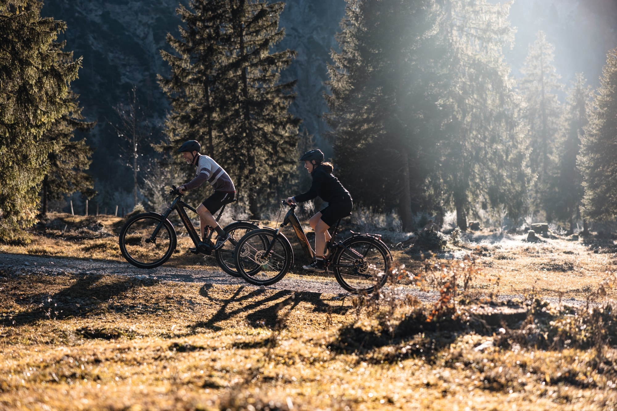Zwei Radfahrer auf Trekking-Bikes fahren auf einem Waldweg und genießen die Natur. Perfekt für Outdoor-Enthusiasten
